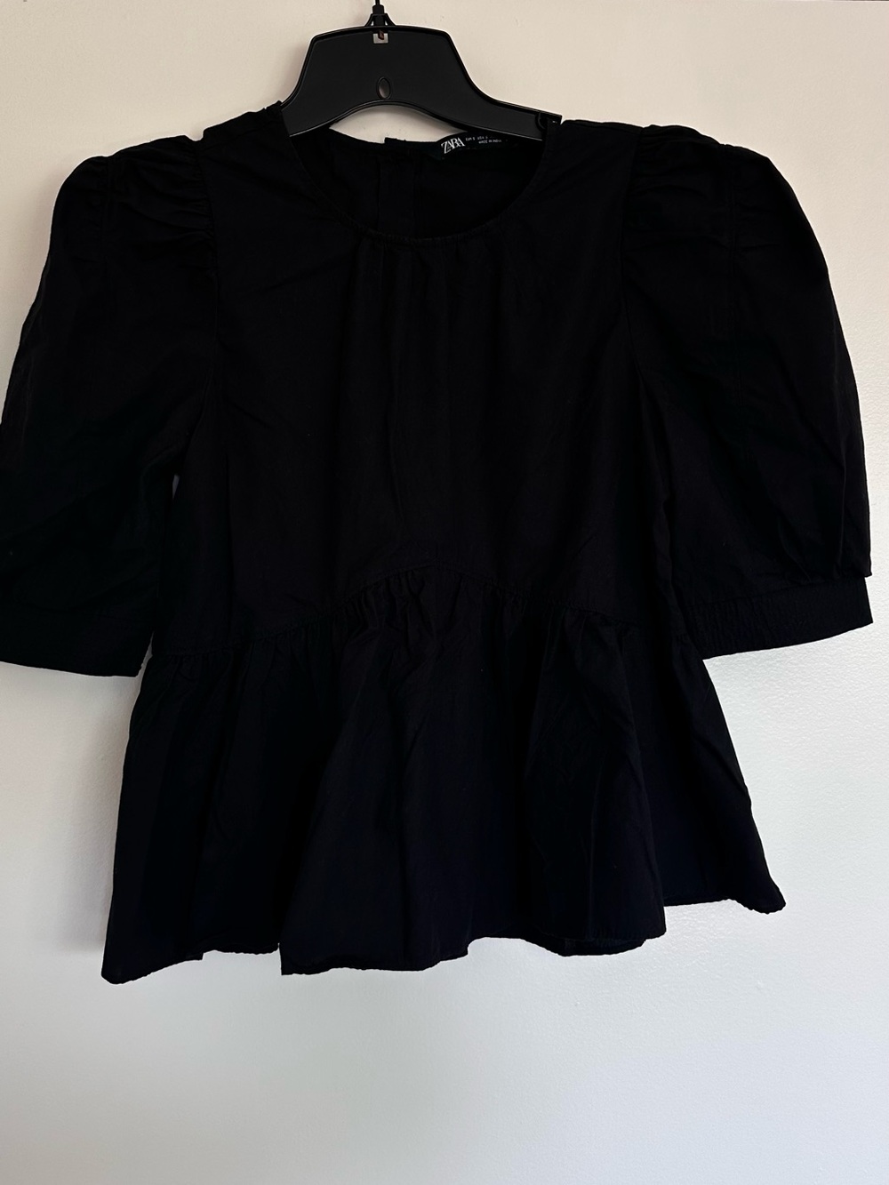 Zara Black Puff-Sleeve Peplum Blouse